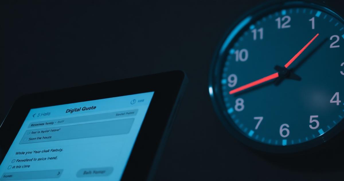 Digital quote on a tablet next to a clock