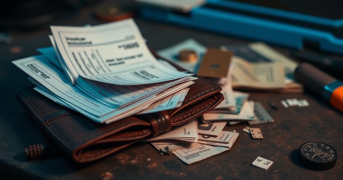 Wallet stuffed with unpaid invoices on a contractor workbench
