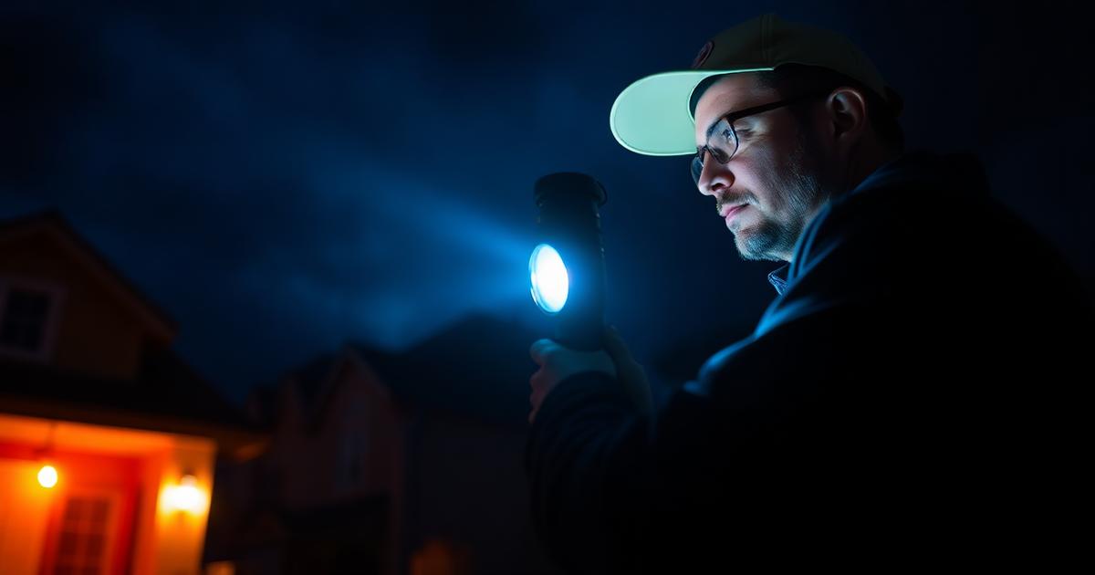 Contractor inspecting an emergency maintenance issue at night with a flashlight