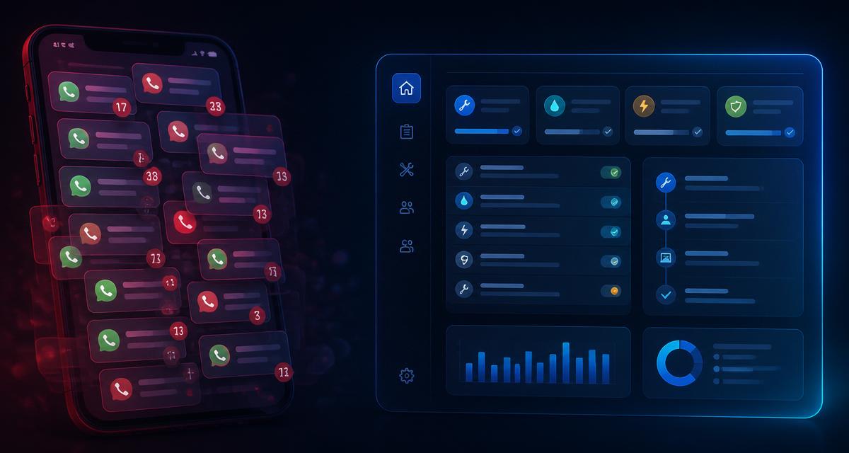 Split view of chaotic phone notifications versus clean maintenance dashboard with status updates