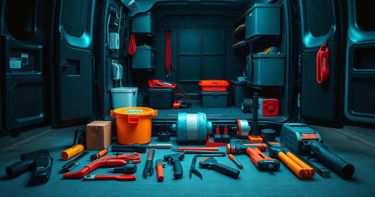 Service van interior loaded with tools for multiple trades