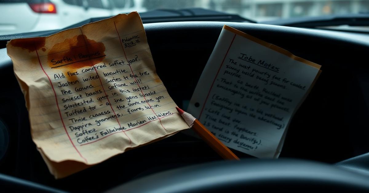 Crumpled coffee-stained handwritten job notes on a van dashboard