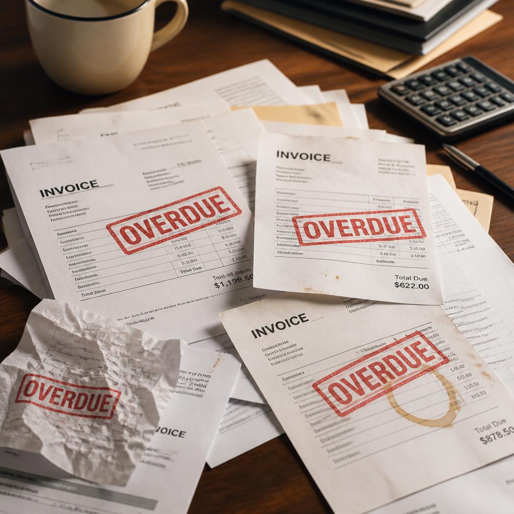 Stack of paper invoices with red overdue stamps on a desk