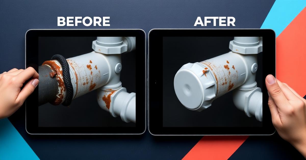 Before and after photos of a repaired plumbing pipe on a tablet