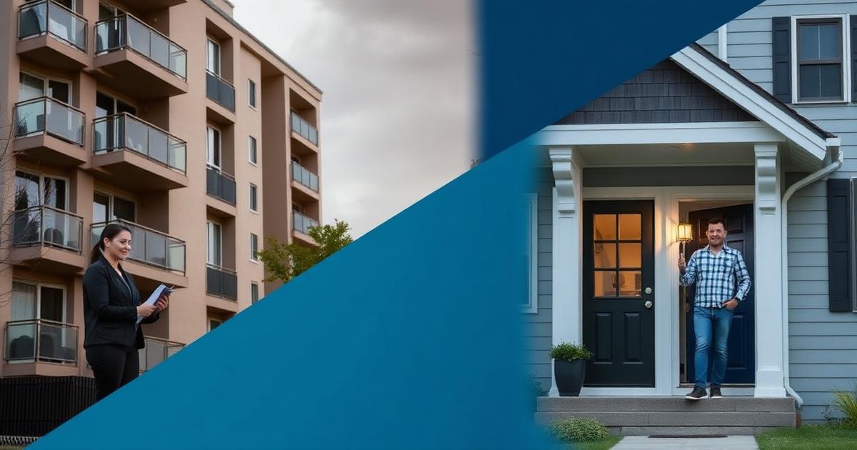 Split image of an apartment building and a suburban home