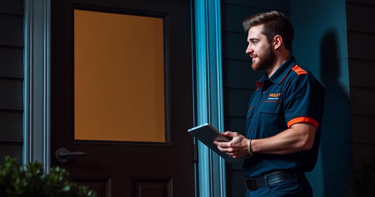 Uniformed home service technician greeting a customer at a front door