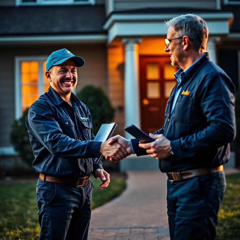 Home service pro shaking hands with a property manager outside a residential property