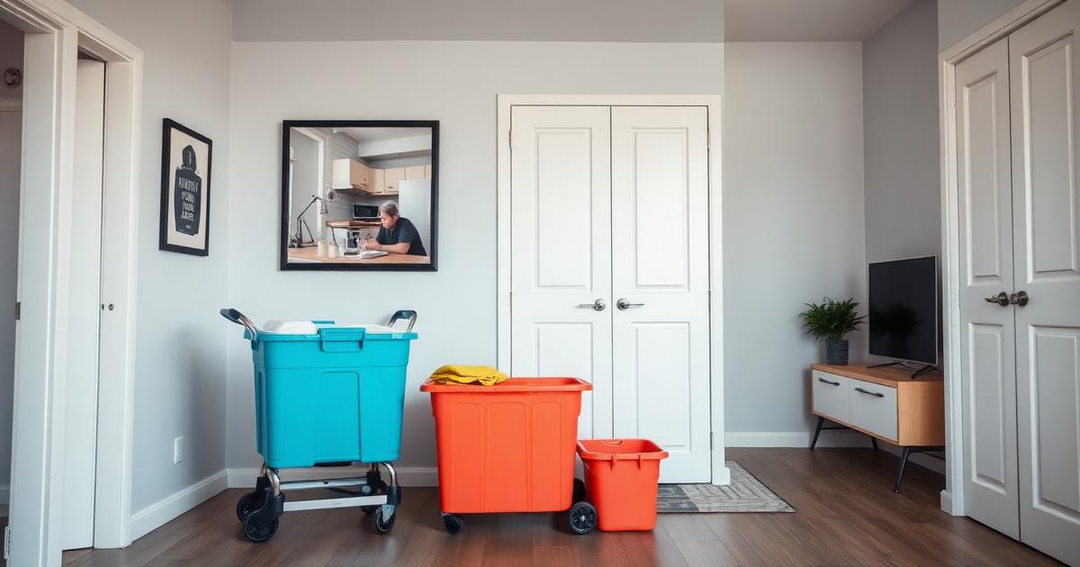 Cleaning cart and toolbox in a bright short-term rental apartment