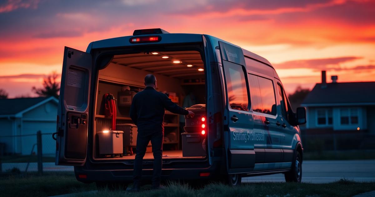 Home service pro loading tools into a branded service van at dawn