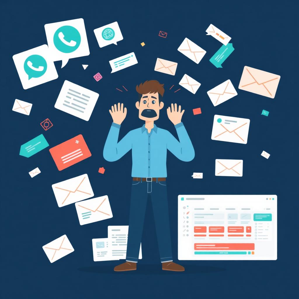 A contractor surrounded by chaotic WhatsApp, text, voicemail and email messages being organised into one clear workflow dashboard
