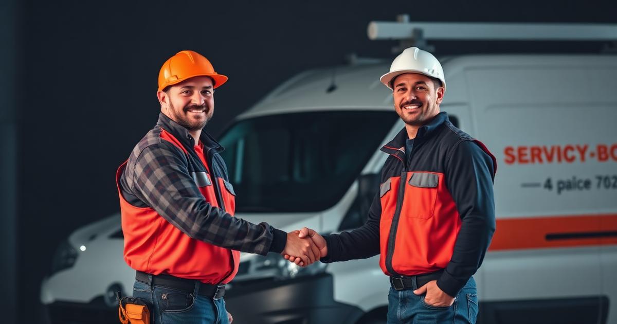 Two tradespeople in uniform shaking hands in front of a service van